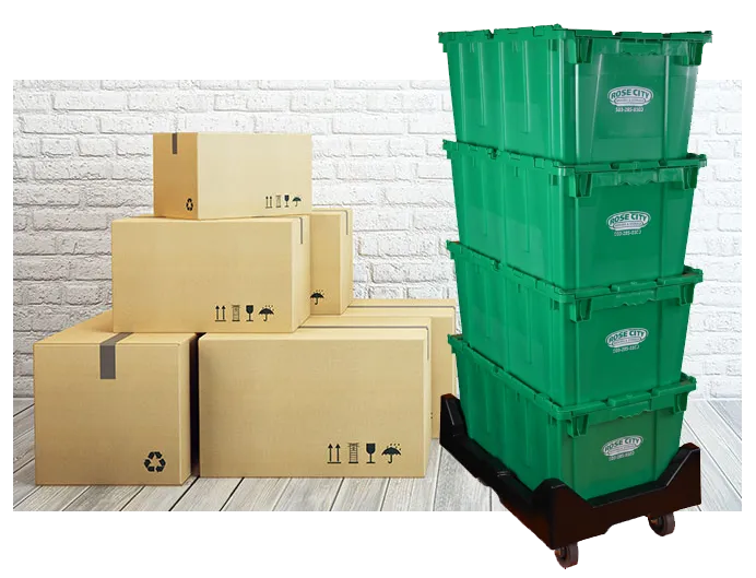 Rose City green reusable moving crates next to cardboard boxes