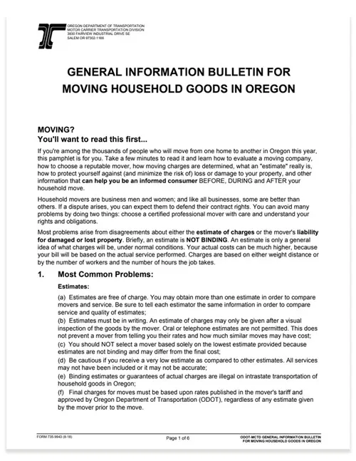 Cover of the ODOT general information bulletin for moving household goods in Oregon